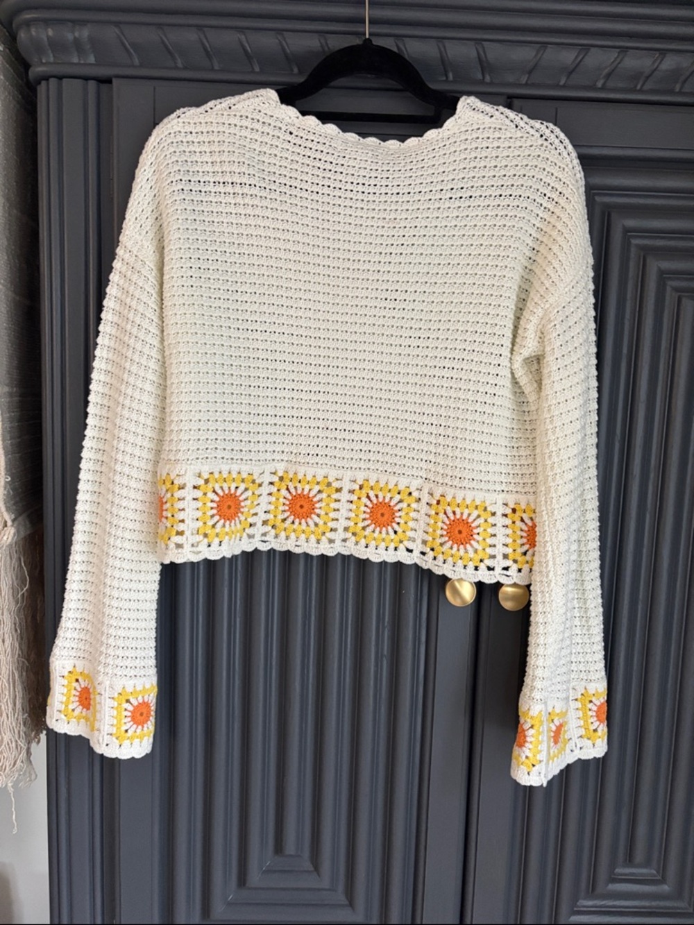 Sincerely Jules Cream Crochet Cropped Sweater with Yellow & Orange Floral Trim - Picture 3 of 4